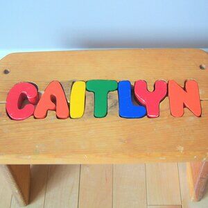 Vintage Personalized Name Kids Puzzle Stool. Kids Wooden Stool. Caitlyn Stool.